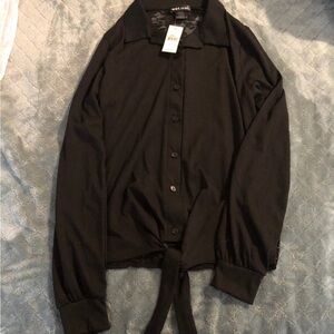 Black Button-Up Shirt with Tie Detail